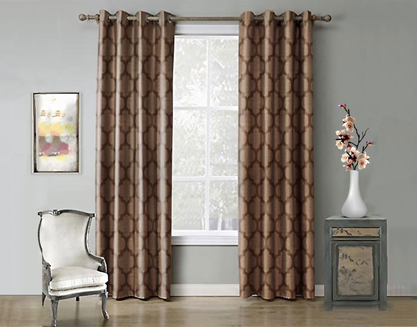 Juego De Cortinas (2 Paneles) Tela Jacquard. Cada Panel Mide: 1.40 m de Ancho x 2.10 m de Alto. con 8 Aros metálicos. Home Curtains. Cocoa