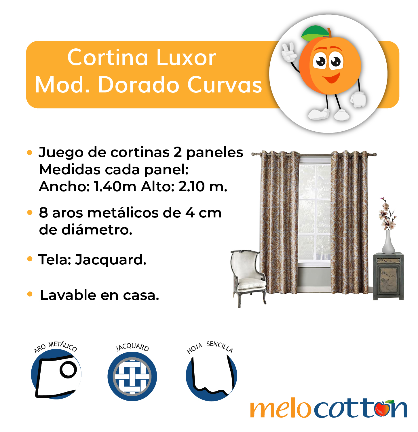 Juego De Cortinas (2 Paneles) Tela Jacquard. Cada Panel Mide: 1.40 m de Ancho x 2.10 m de Alto. con 8 Aros metálicos. Home Curtains. Oro