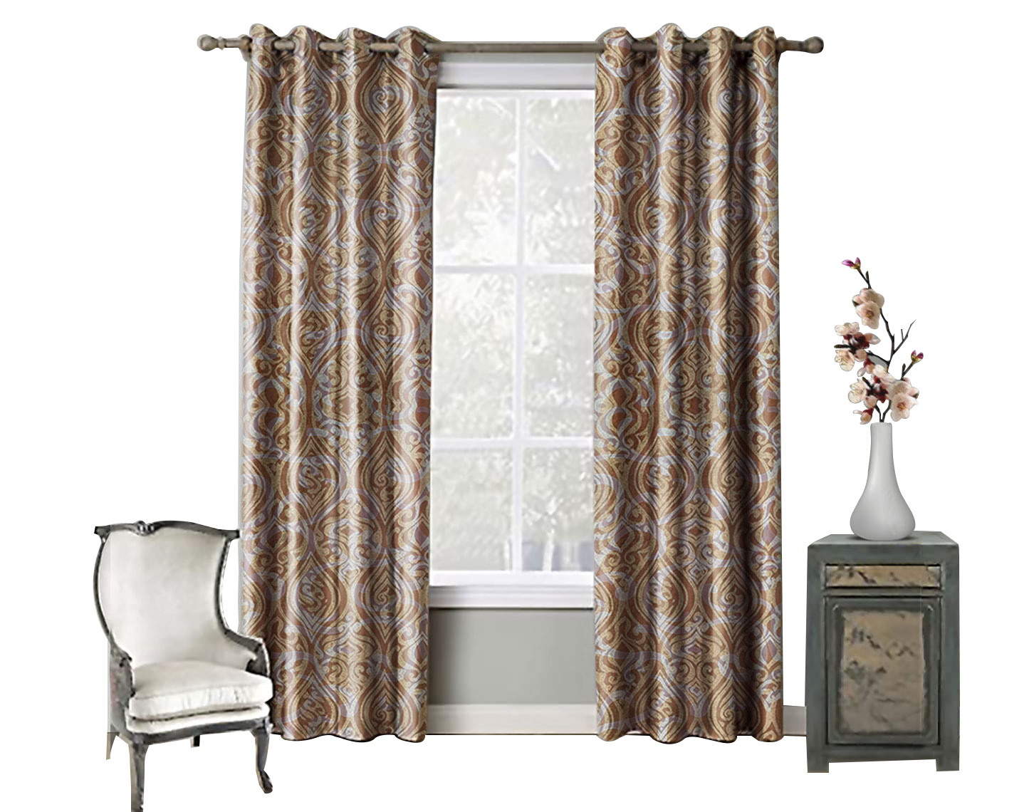 Juego De Cortinas (2 Paneles) Tela Jacquard. Cada Panel Mide: 1.40 m de Ancho x 2.10 m de Alto. con 8 Aros metálicos. Home Curtains. Oro