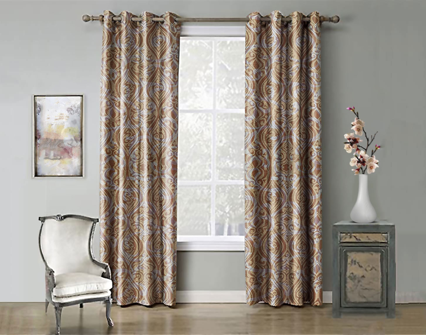 Juego De Cortinas (2 Paneles) Tela Jacquard. Cada Panel Mide: 1.40 m de Ancho x 2.10 m de Alto. con 8 Aros metálicos. Home Curtains. Oro