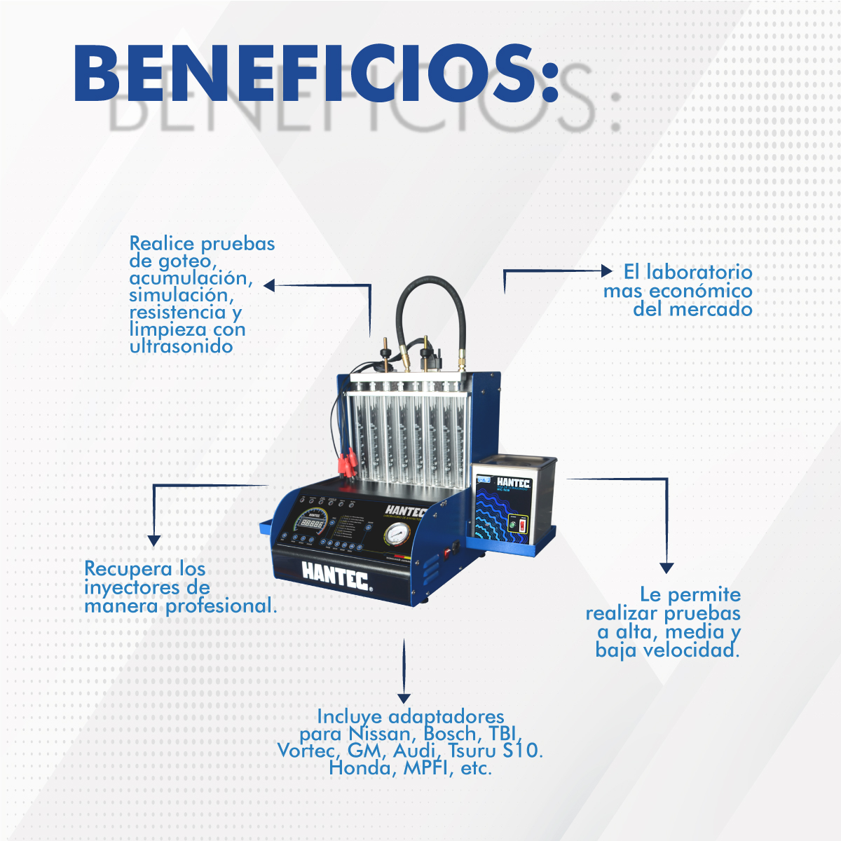 Combo Laboratorio de Limpieza de 8 inyectores automático con Adaptadores, Tina de Ultrasonido y Mesa de Trabajo 