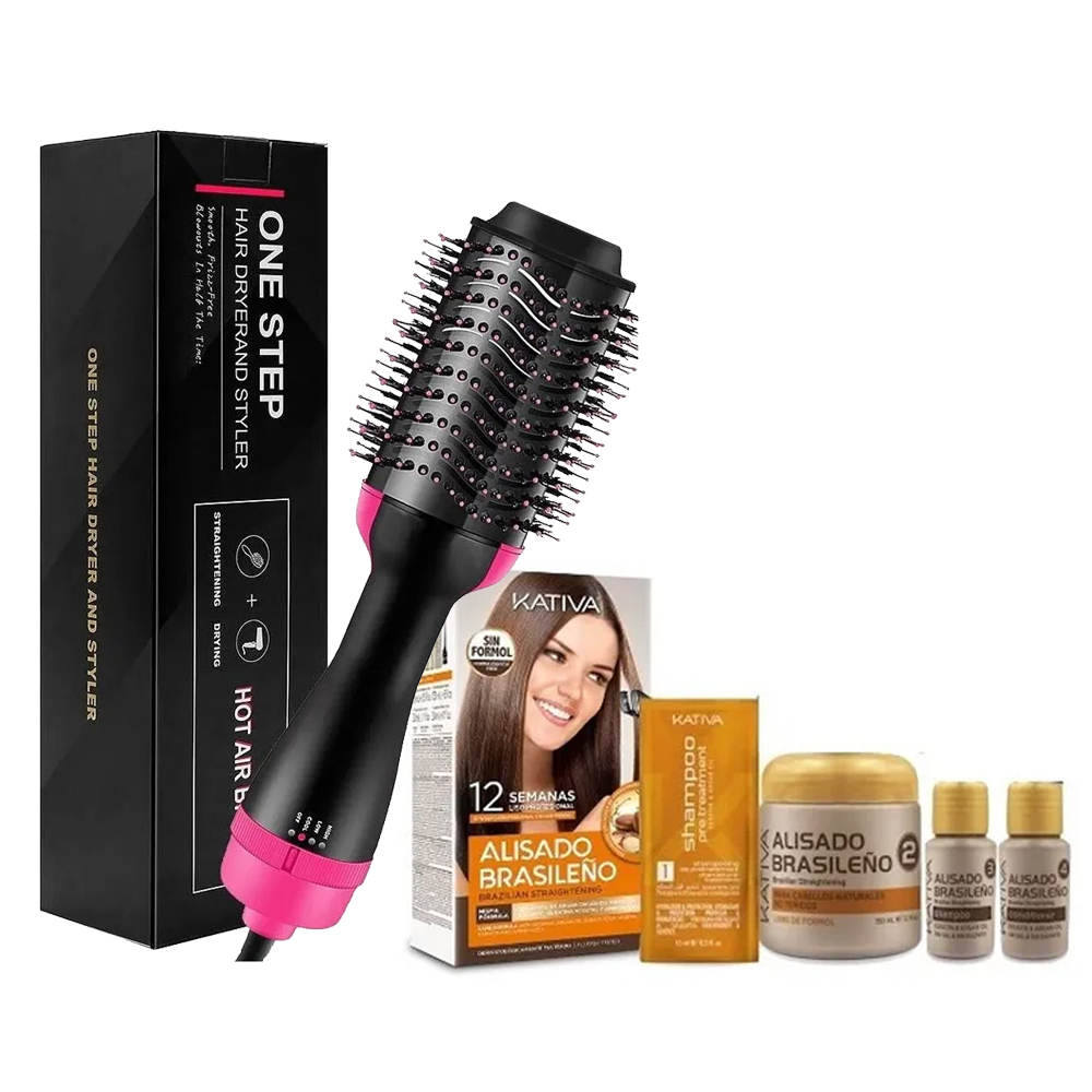 Set Cepillo Secador one stp 3 en 1 + Kativa Alisado Brasileño, Alaciado Por 10 Semanas, Muy Fácil