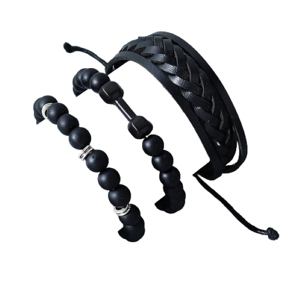 Conjunto 3 pulseras de cuero Negra 