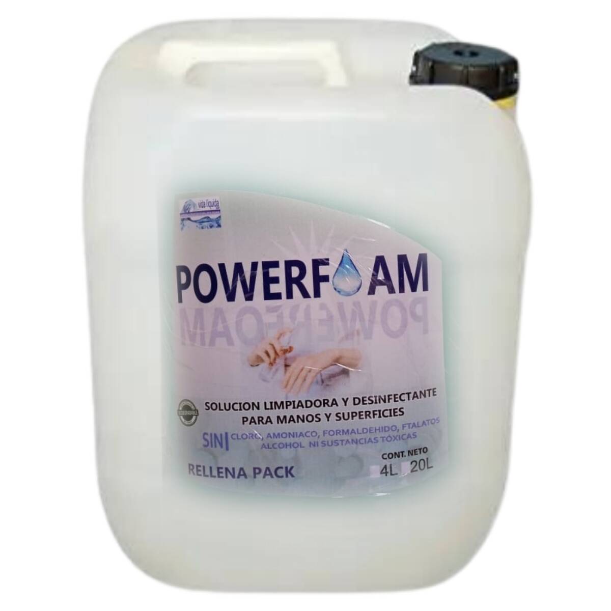 Powerfoam Vida Líquida 20 Litros Desinfectante Limpiador Desengrasante de manos y superficies orgánico sin alcohol ni químicos tóxicos uso infantil y escolar seguro