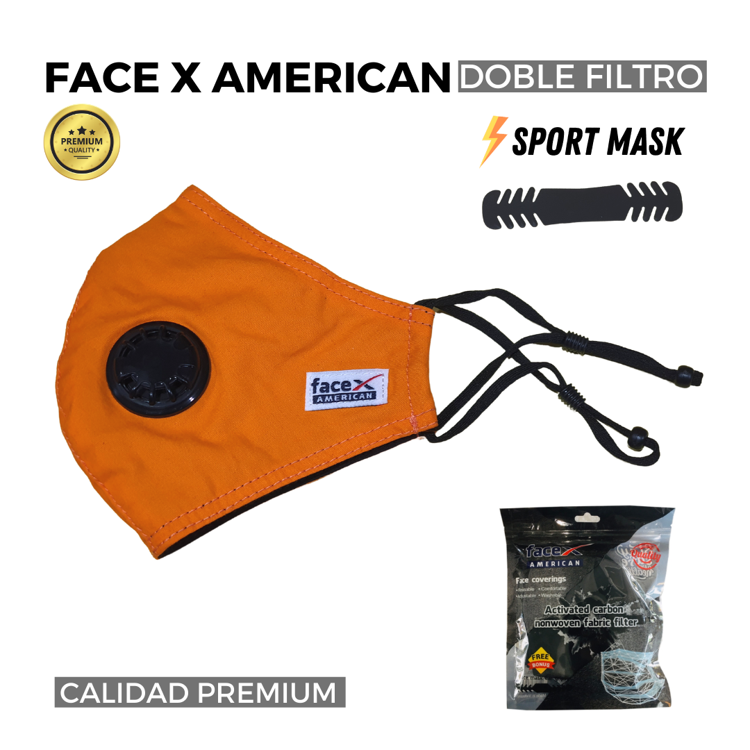 Face X American, Mascarilla 4 Capas Lavable, Color Naranja, Sport, Ajustable