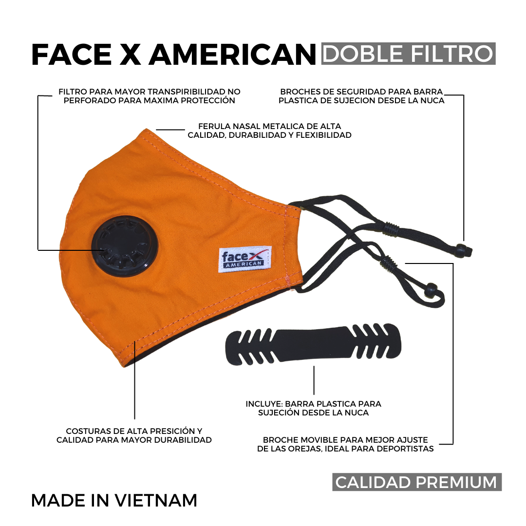 Face X American, Mascarilla 4 Capas Lavable, Color Naranja, Sport, Ajustable