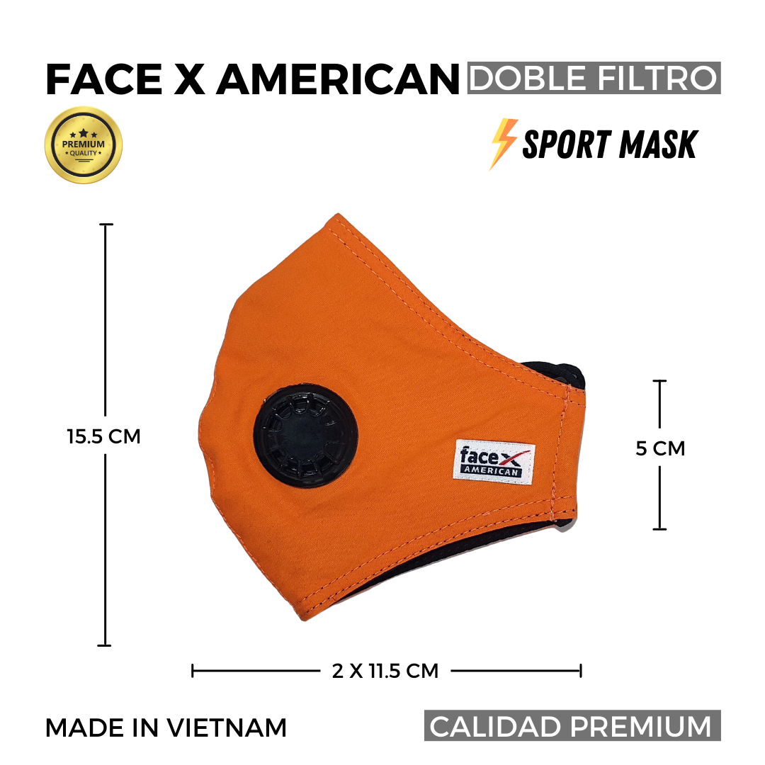Face X American, Mascarilla 4 Capas Lavable, Color Naranja, Sport, Ajustable