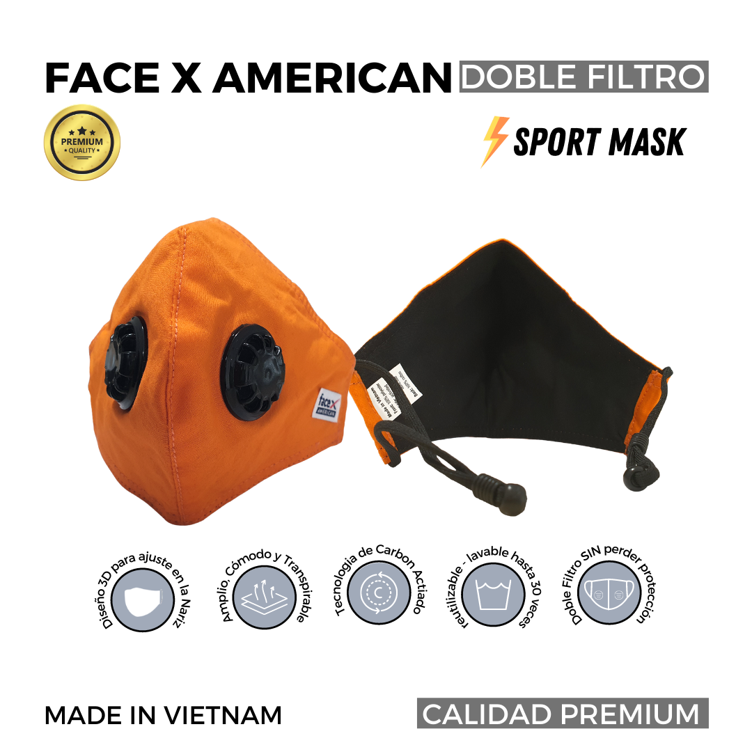Face X American, Mascarilla 4 Capas Lavable, Color Naranja, Sport, Ajustable