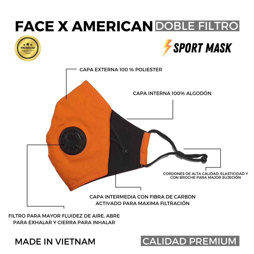 Face X American, Mascarilla 4 Capas Lavable, Color Naranja, Sport, Ajustable