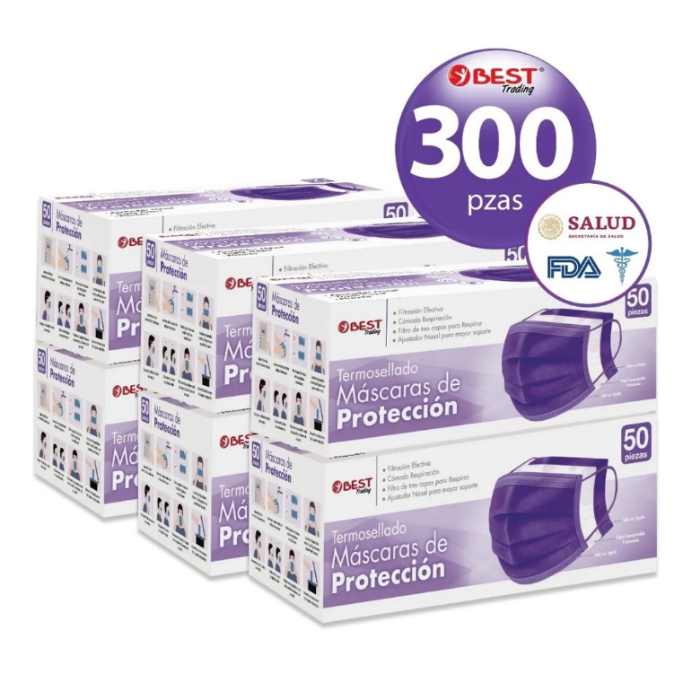 300 Cubrebocas Tricapa, Mascarilla Termosellado, Tapabocas MORADO.