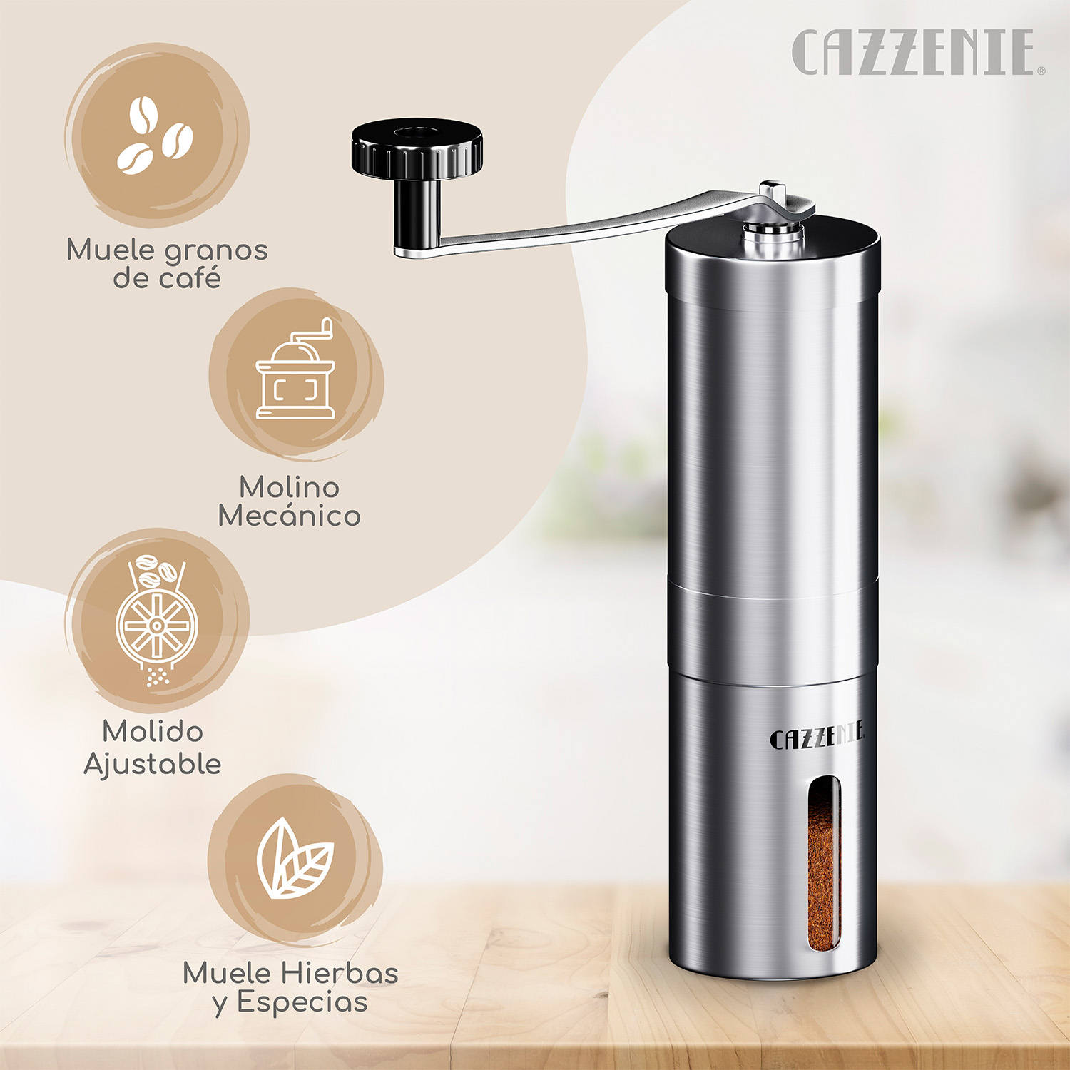 Cazzenie Moledor de Cafe Clasico para Cafe recien Molido. Molinillo de Cafe o Especias con Triturador Ajustable y Recipiente