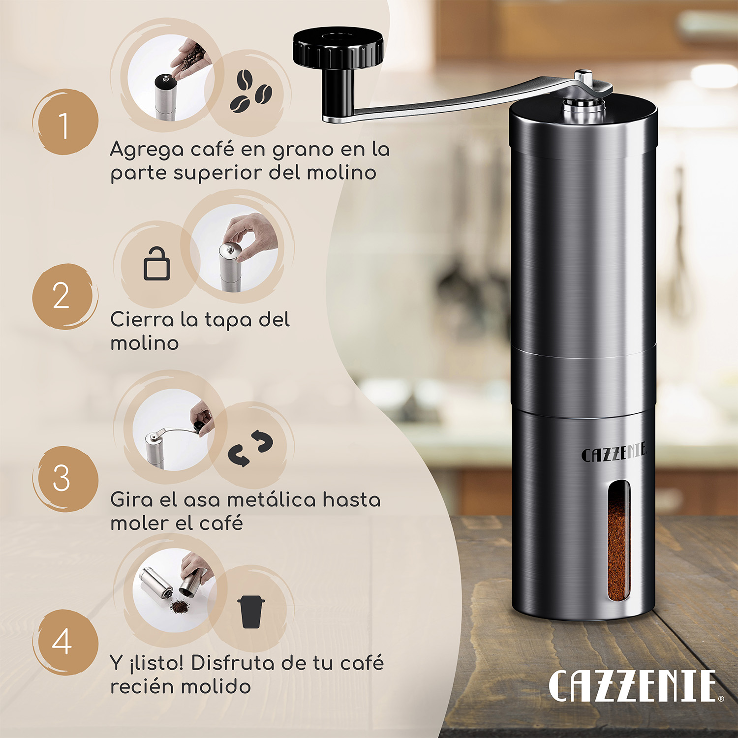 Cazzenie Moledor de Cafe Clasico para Cafe recien Molido. Molinillo de Cafe o Especias con Triturador Ajustable y Recipiente