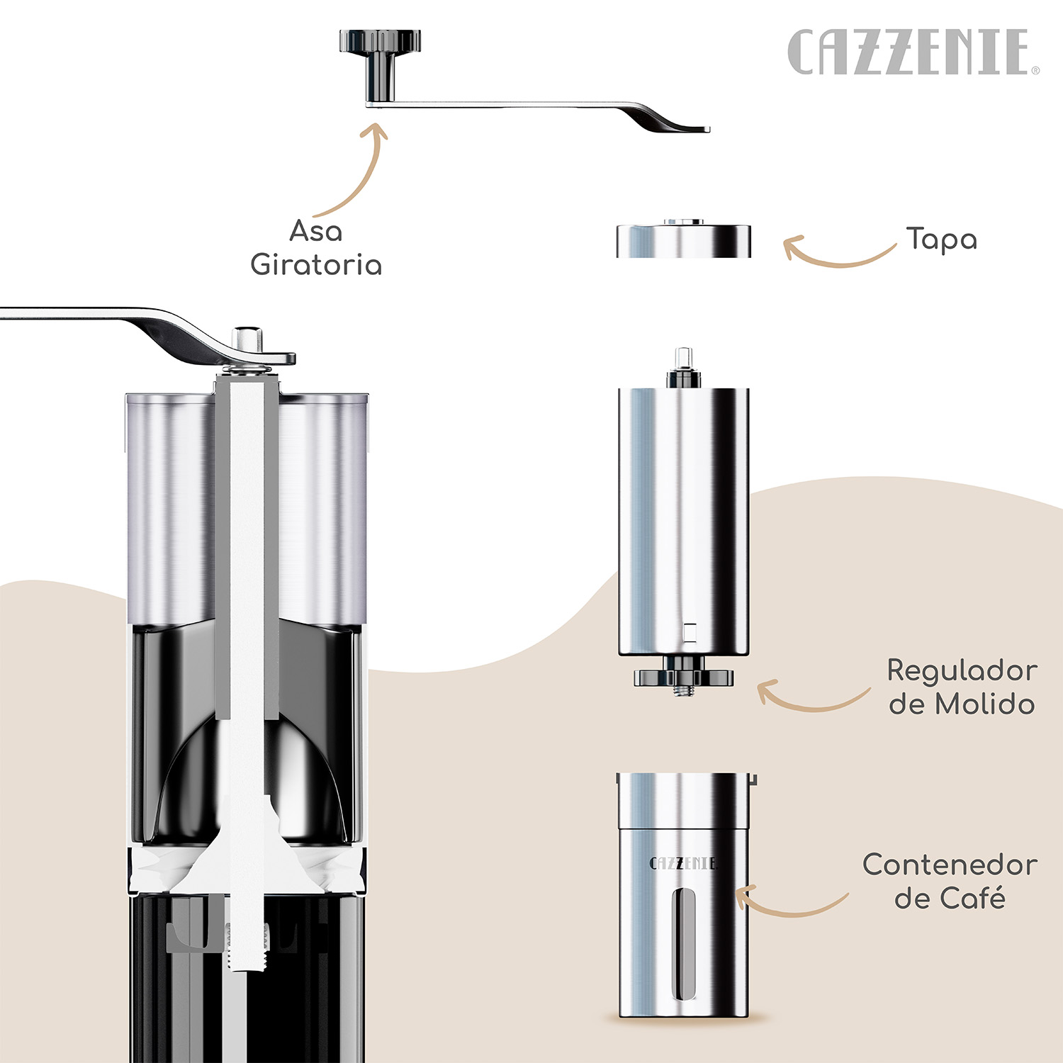 Cazzenie Moledor de Cafe Clasico para Cafe recien Molido. Molinillo de Cafe o Especias con Triturador Ajustable y Recipiente
