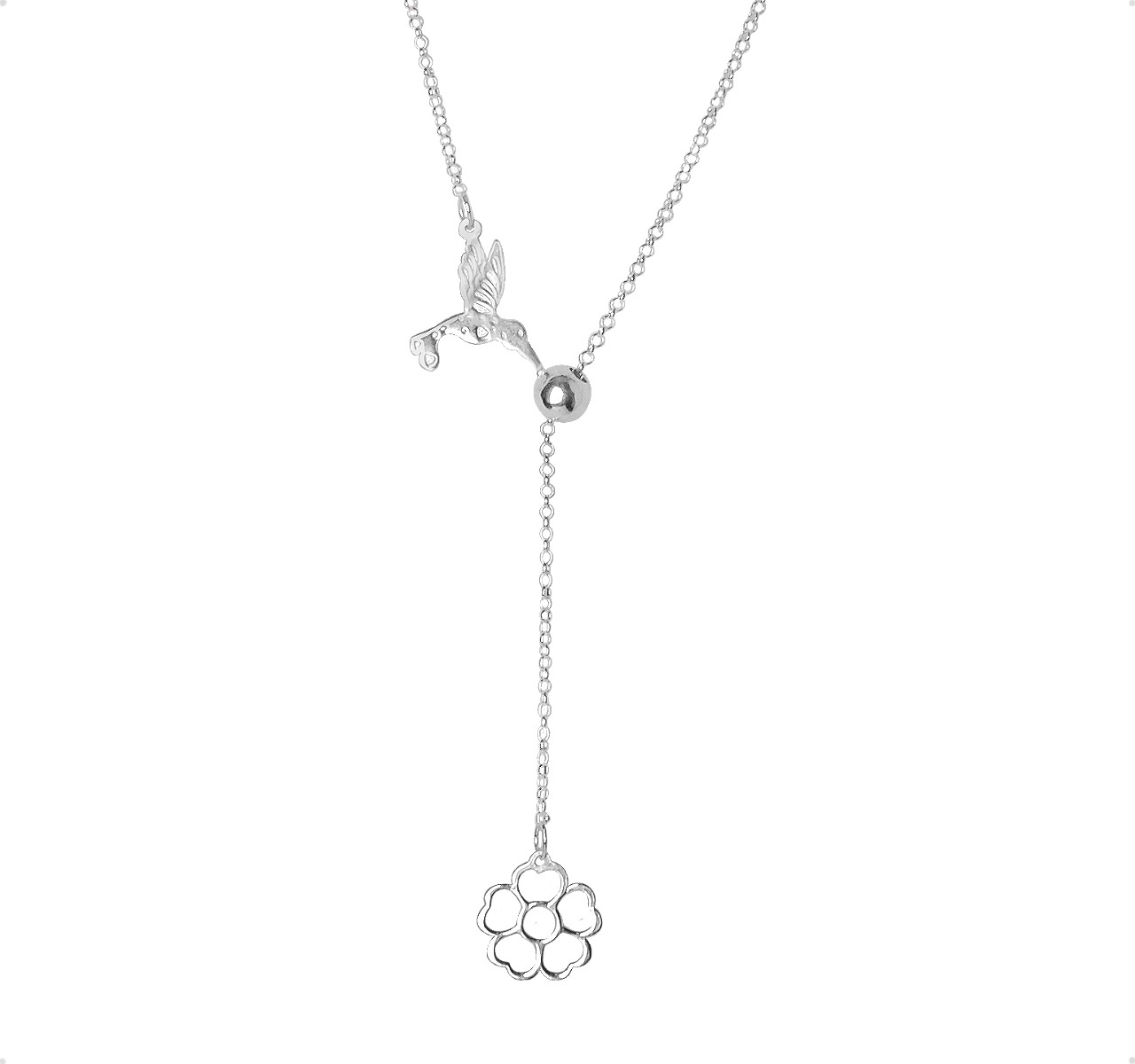 Gargantilla Colibrí Ave Flor Plata Ley 925 Collar Y Dije