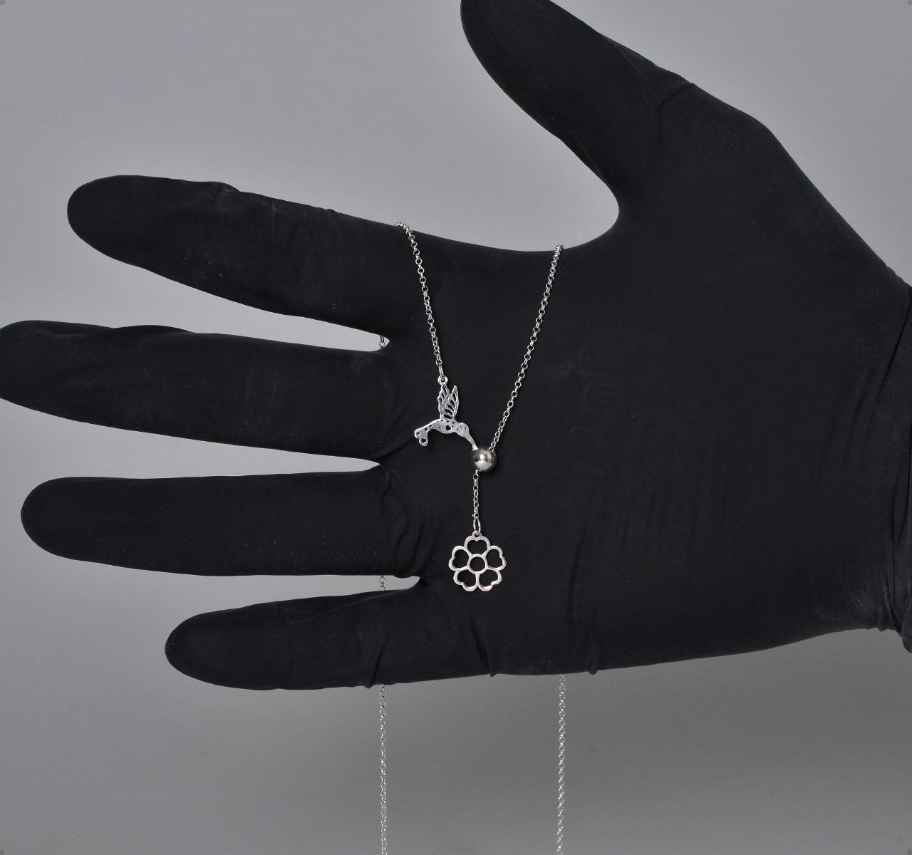 Gargantilla Colibrí Ave Flor Plata Ley 925 Collar Y Dije