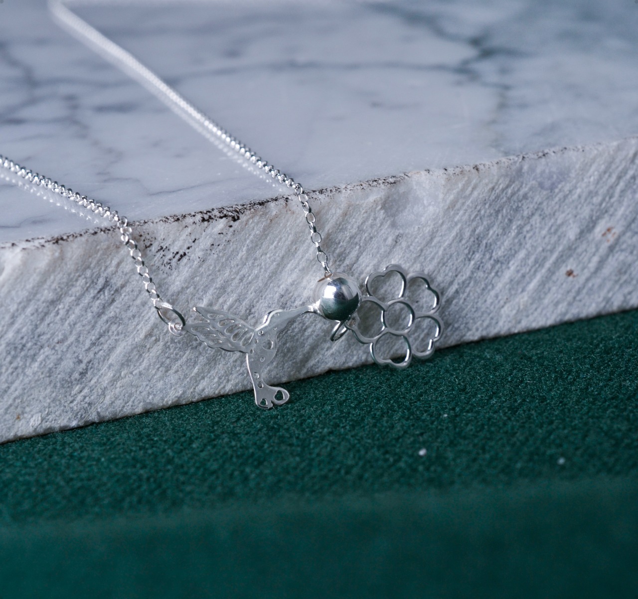 Gargantilla Colibrí Ave Flor Plata Ley 925 Collar Y Dije