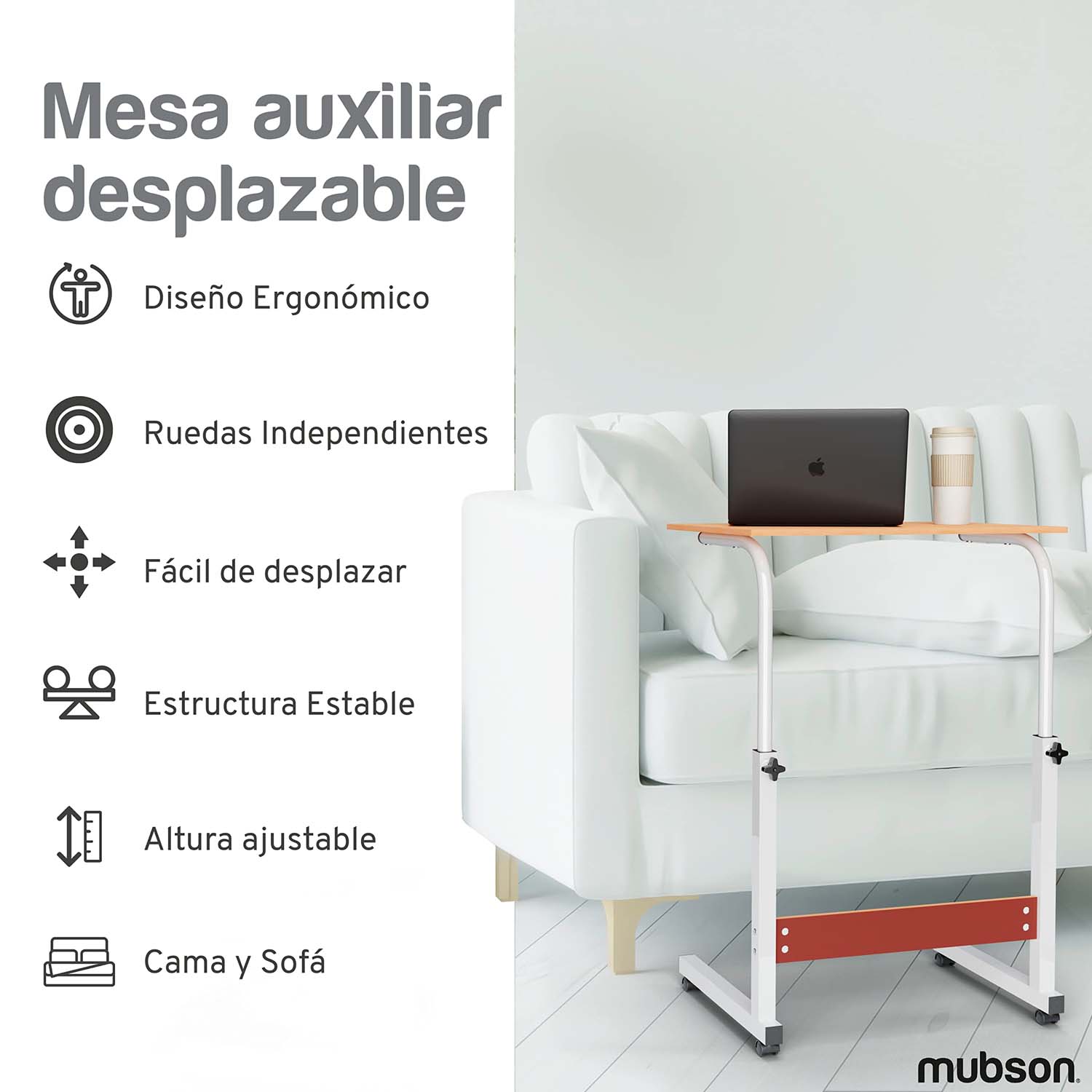 Mubson Desayunador. Mesa para Cama con Altura Ajustable de Madera MDF. Mesa Auxiliar para Estudio o Trabajo. Desayunador. Mesa de Servicio.