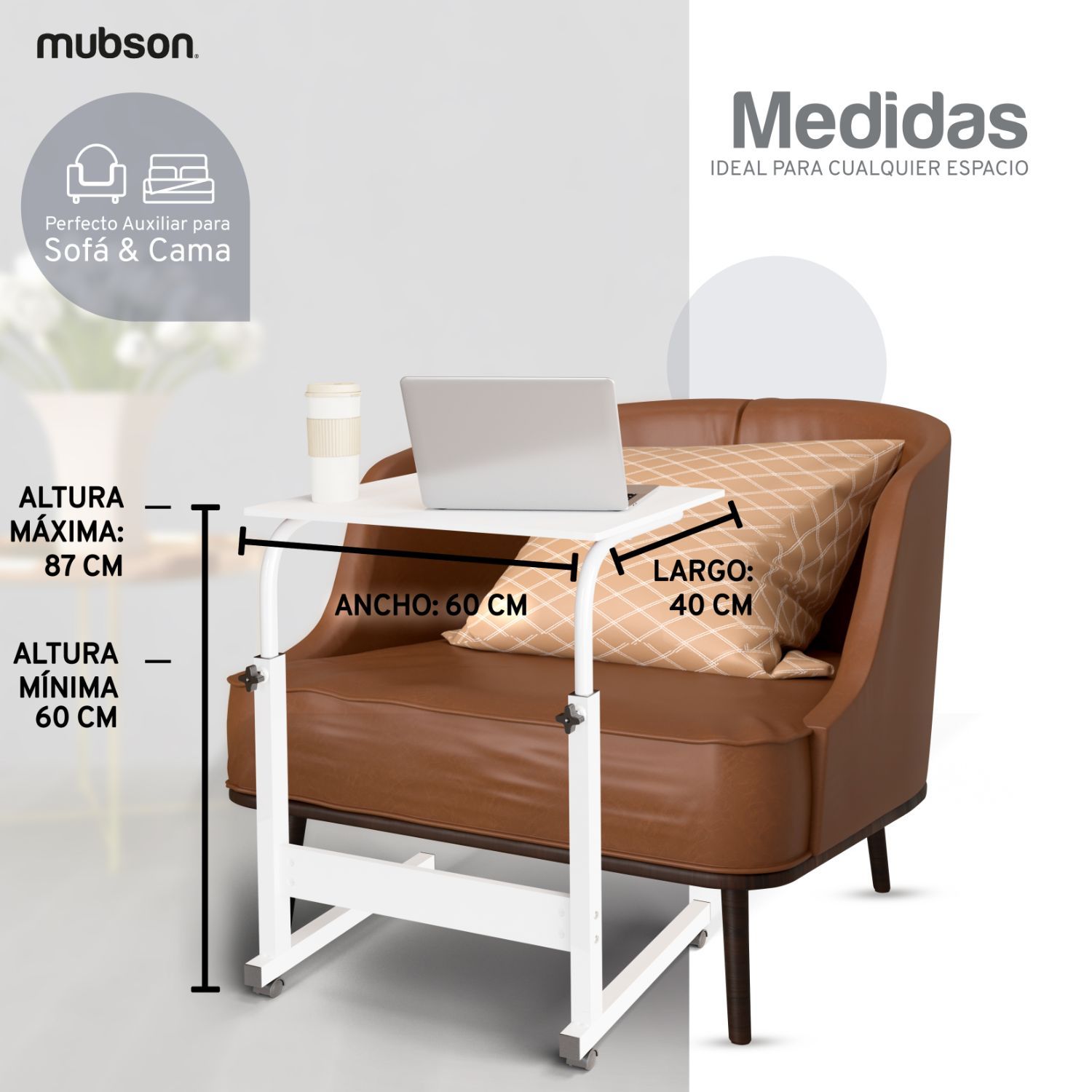 Mubson Desayunador. Mesa para Cama con Altura Ajustable de Madera MDF. Mesa Auxiliar para Estudio o Trabajo. Desayunador. Mesa de Servicio.