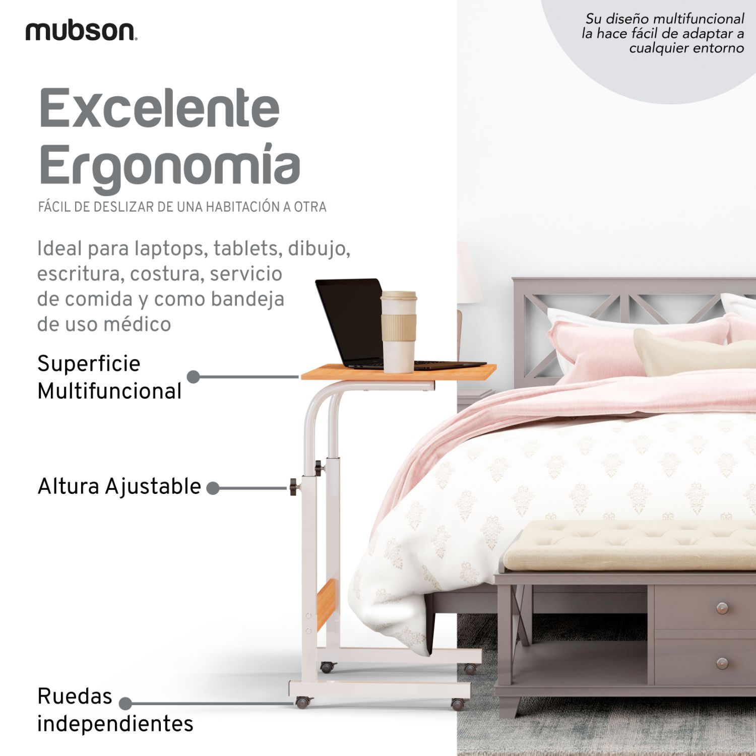 Mubson Desayunador. Mesa para Cama con Altura Ajustable de Madera MDF. Mesa Auxiliar para Estudio o Trabajo. Desayunador. Mesa de Servicio.