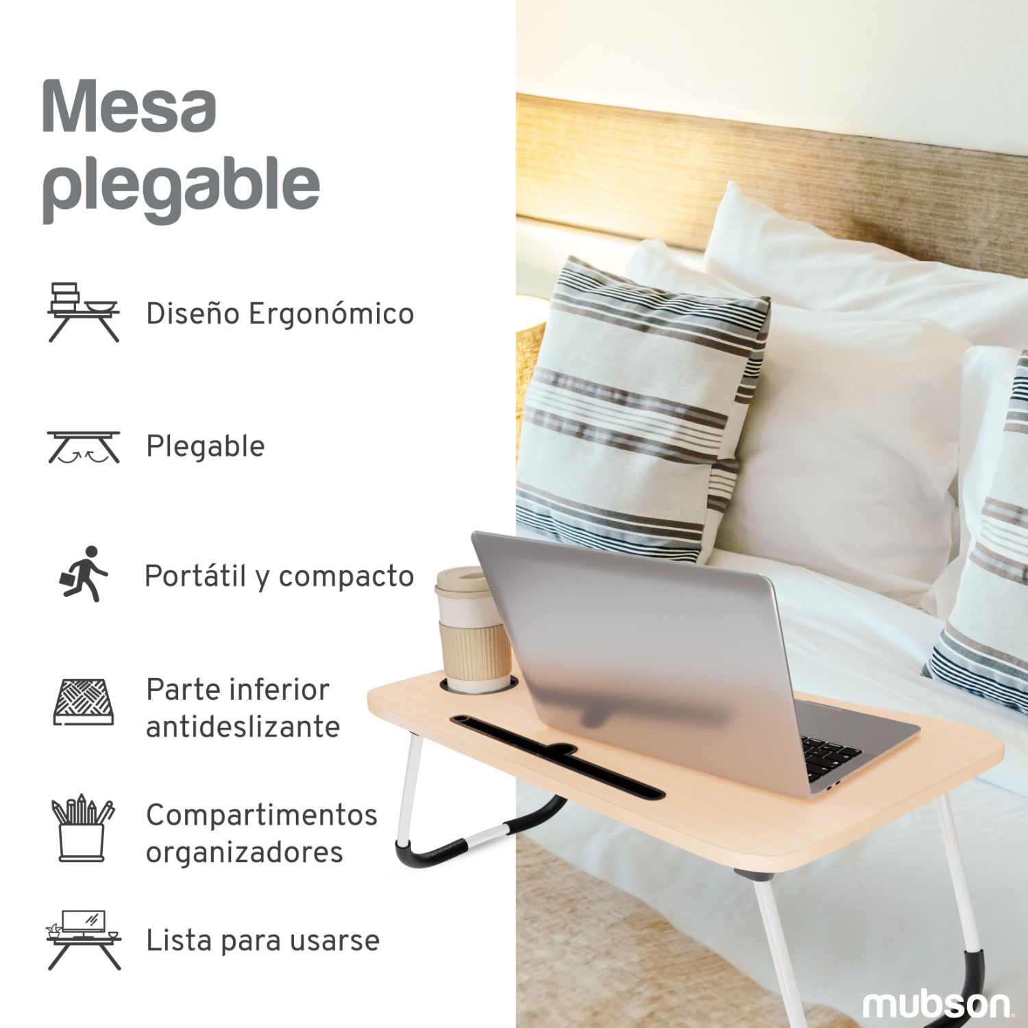 Mubson Mesa para Laptop Plegable con Portavasos y Soporte para Celular o Tablet. Desayunador o Mesa para Cama. Escritorio Portatil
