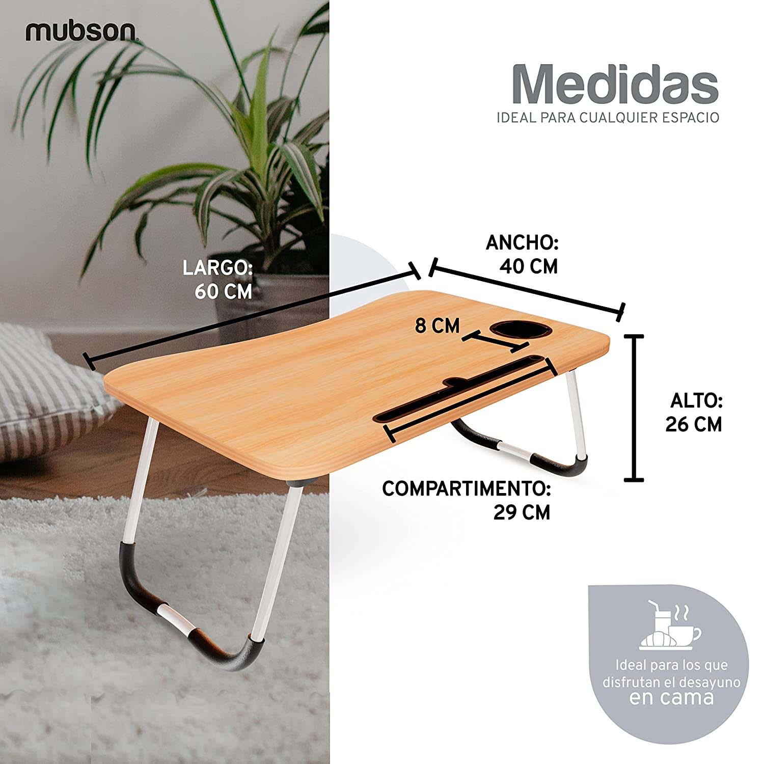 Mubson Mesa para Laptop Plegable con Portavasos y Soporte para Celular o Tablet. Desayunador o Mesa para Cama. Escritorio Portatil