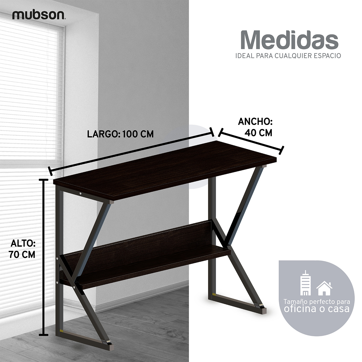 Mubson Escritorio Multifuncional para Oficina o Estudio de Madera MDF. Mesa de Trabajo con Repisa Inferior para Cableado o Decoración