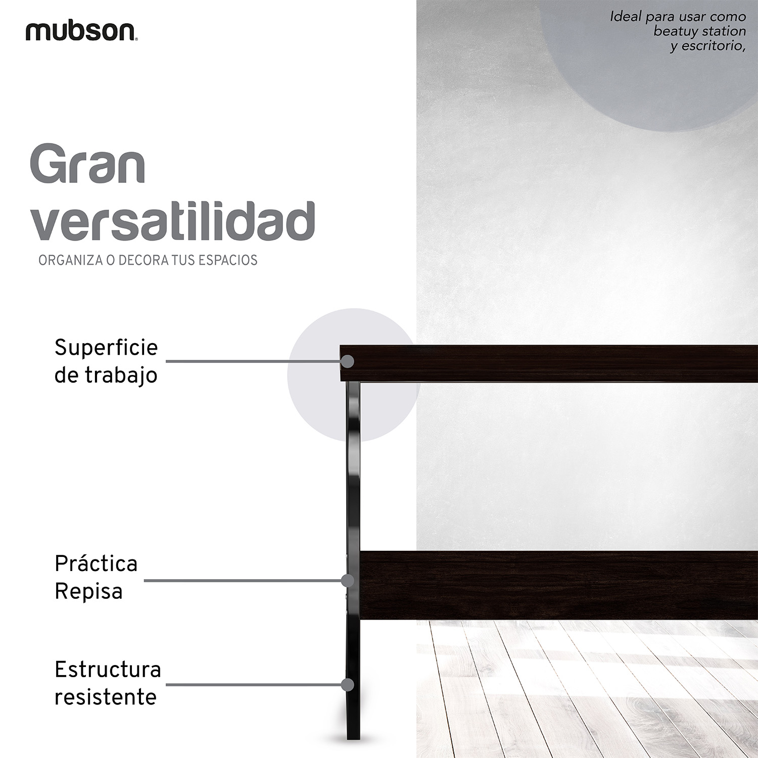 Mubson Escritorio Multifuncional para Oficina o Estudio de Madera MDF. Mesa de Trabajo con Repisa Inferior para Cableado o Decoración
