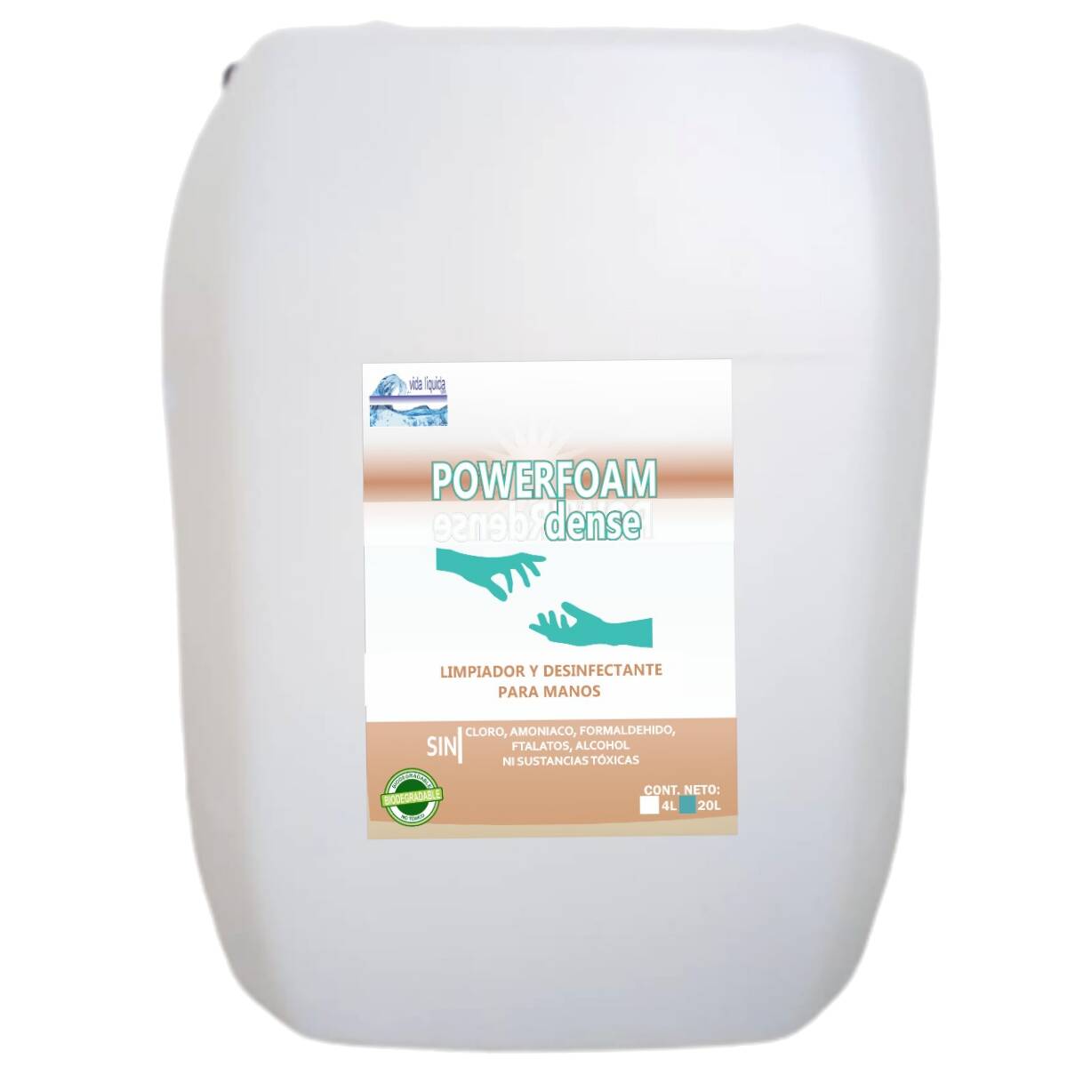 Powerfoam Dense Vida Líquida 20 Litros Desinfectante Limpiador y Desengrasante de manos Orgánico sin alcohol ni químicos tóxicos uso infantil y escolar seguro
