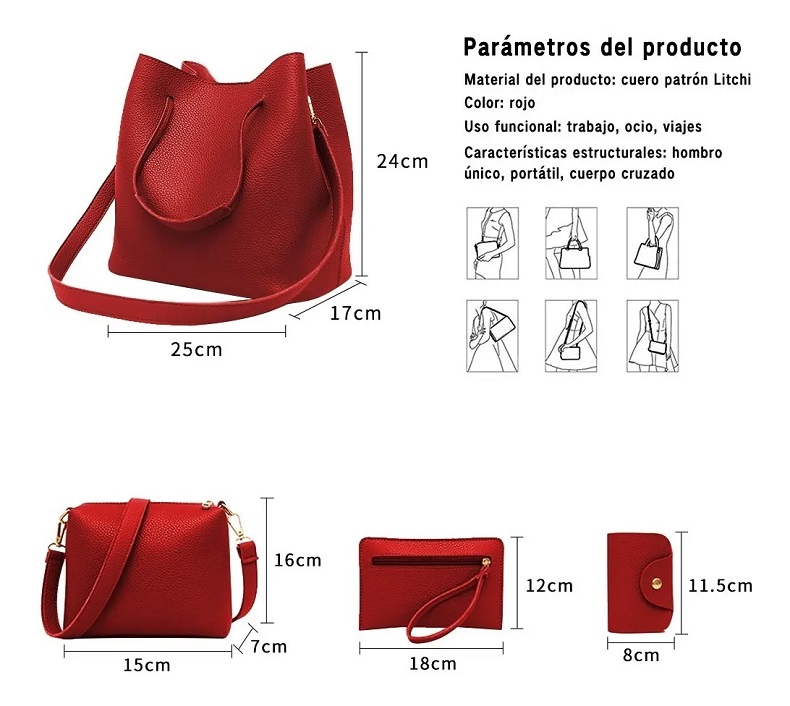Bolso Casual Para Mujer 4 Piezas Rojo