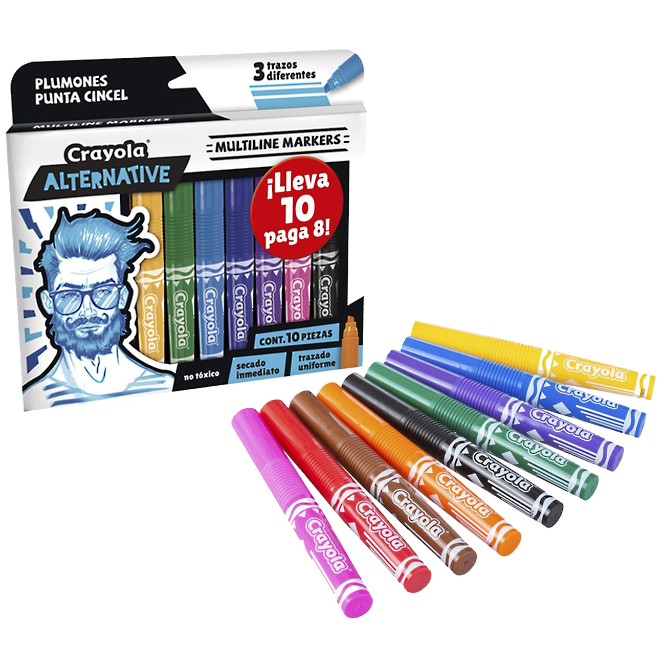 10 Plumones Multiline Alternative Crayola 3 Trazos Diferente