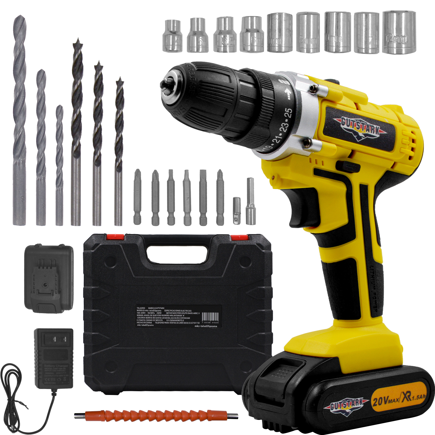 Taladro Desatornillador 3/8 Inalambrico 1360 RPM 2 Velocidades 260 W Kit 26 piezas + Extensor