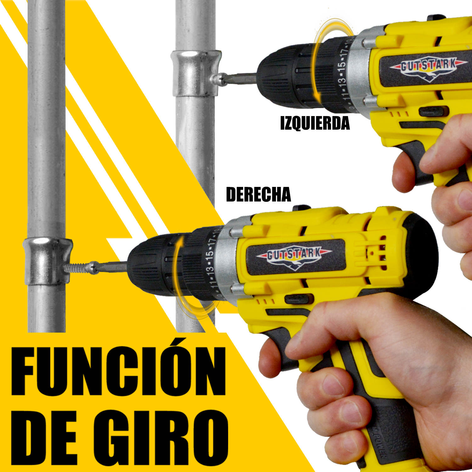 Taladro Desatornillador 3/8 Inalambrico 1360 RPM 2 Velocidades 260 W Kit 26 piezas + Extensor