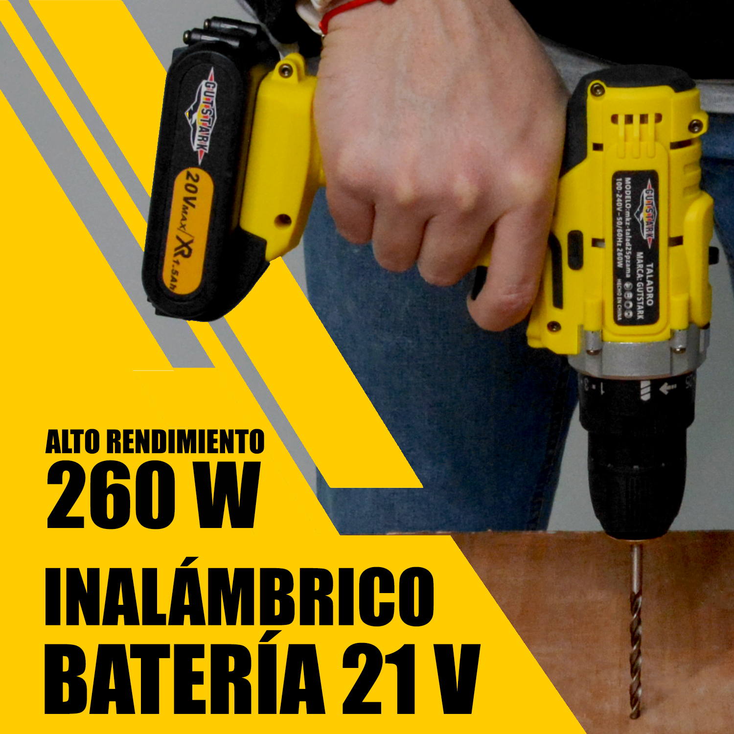 Taladro Desatornillador 3/8 Inalambrico 1360 RPM 2 Velocidades 260 W Kit 26 piezas + Extensor