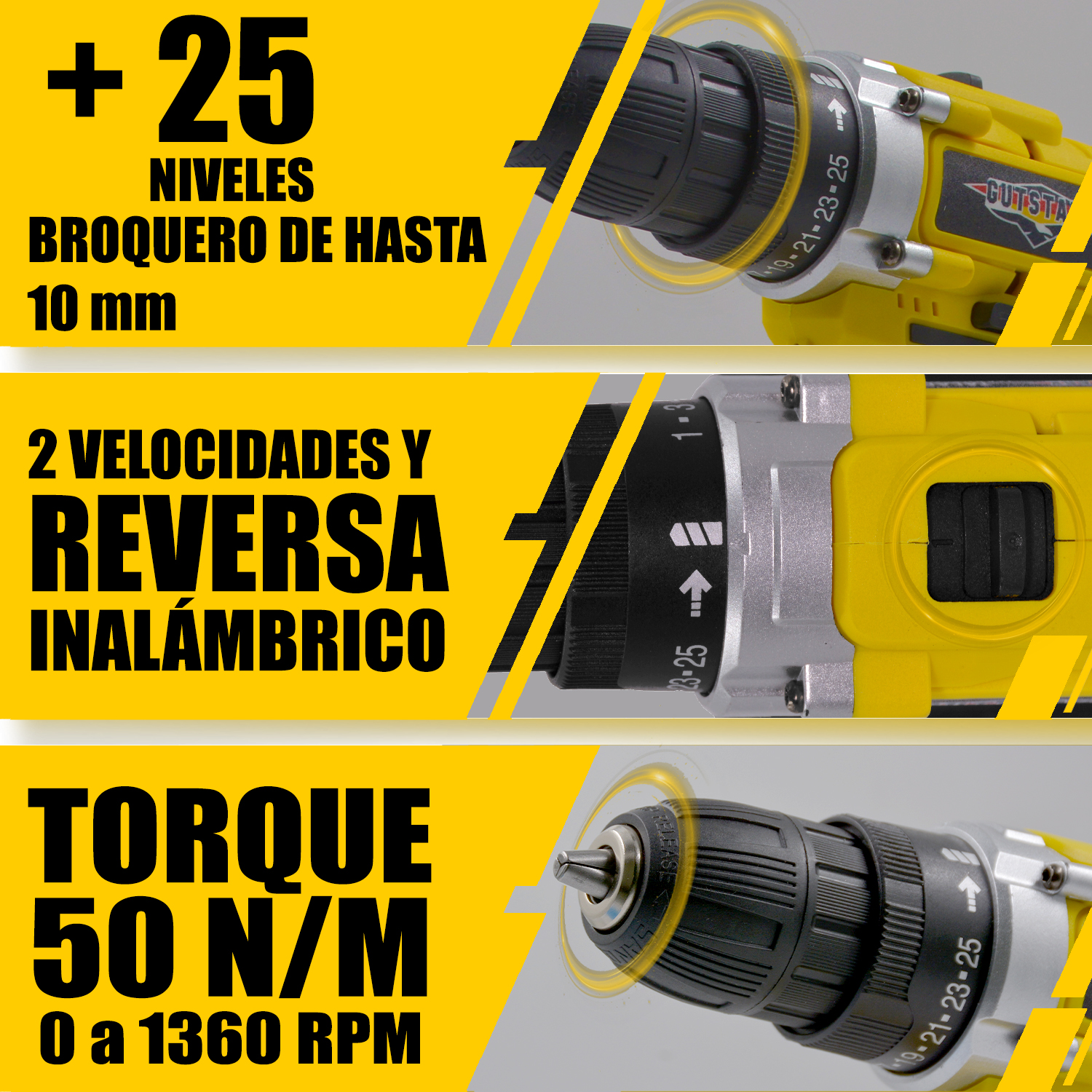 Taladro Desatornillador 3/8 Inalambrico 1360 RPM 2 Velocidades 260 W Kit 26 piezas + Extensor