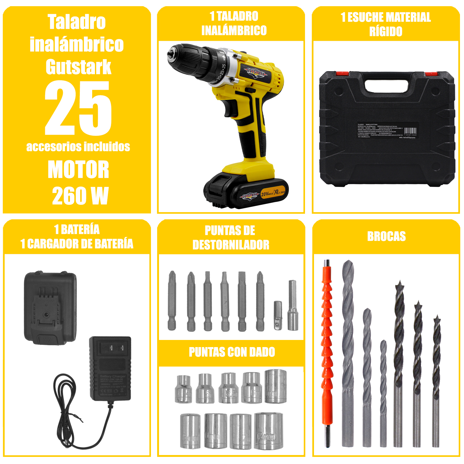 Taladro Desatornillador 3/8 Inalambrico 1360 RPM 2 Velocidades 260 W Kit 26 piezas + Extensor