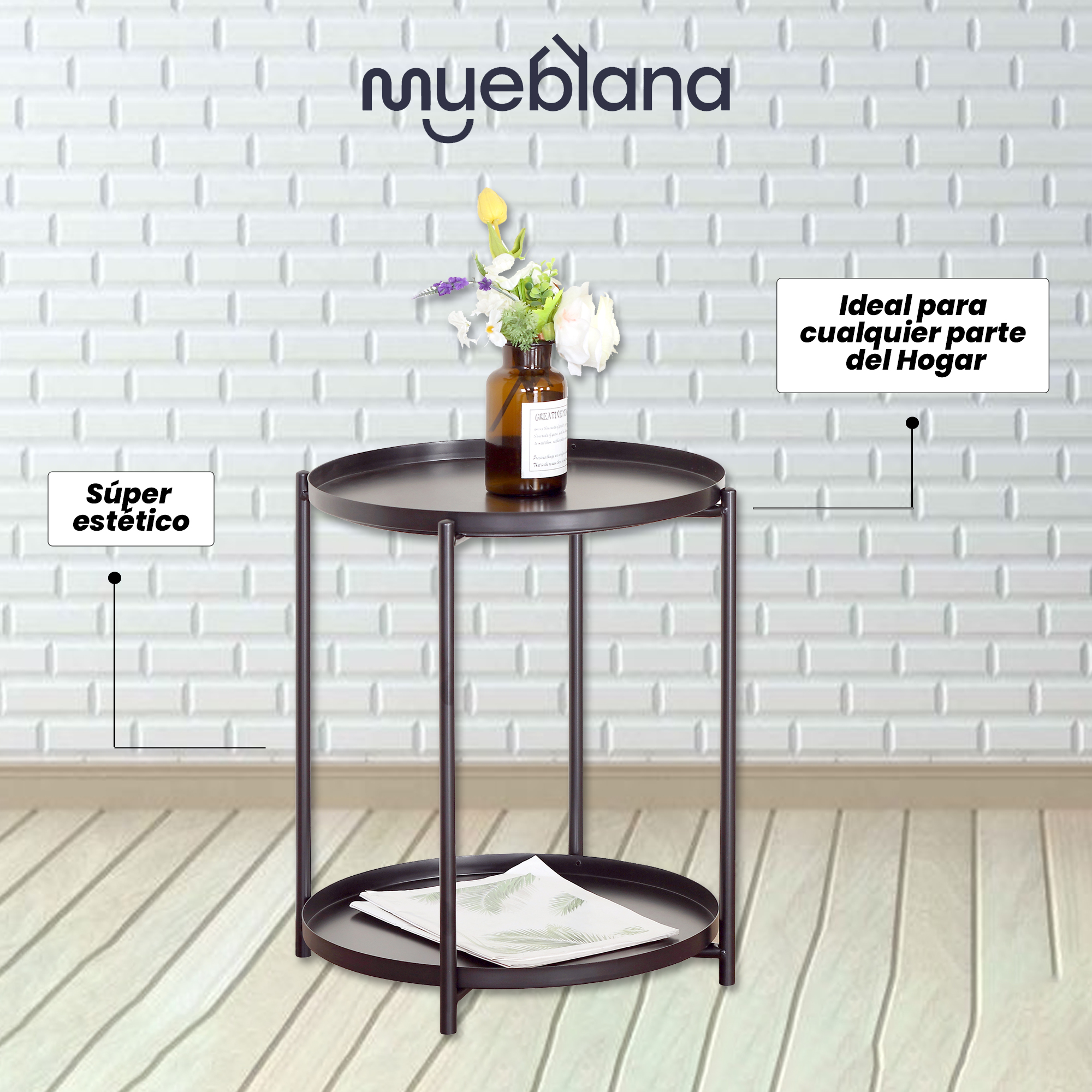 Mueblana Mesa Lateral Dalton Muebles para Recamara de Acero Negro Mesa de Noche Perfecto para el Hogar Mesita de Noche Perfecta para Colocar Lampara de Noche Mesita Auxiliar