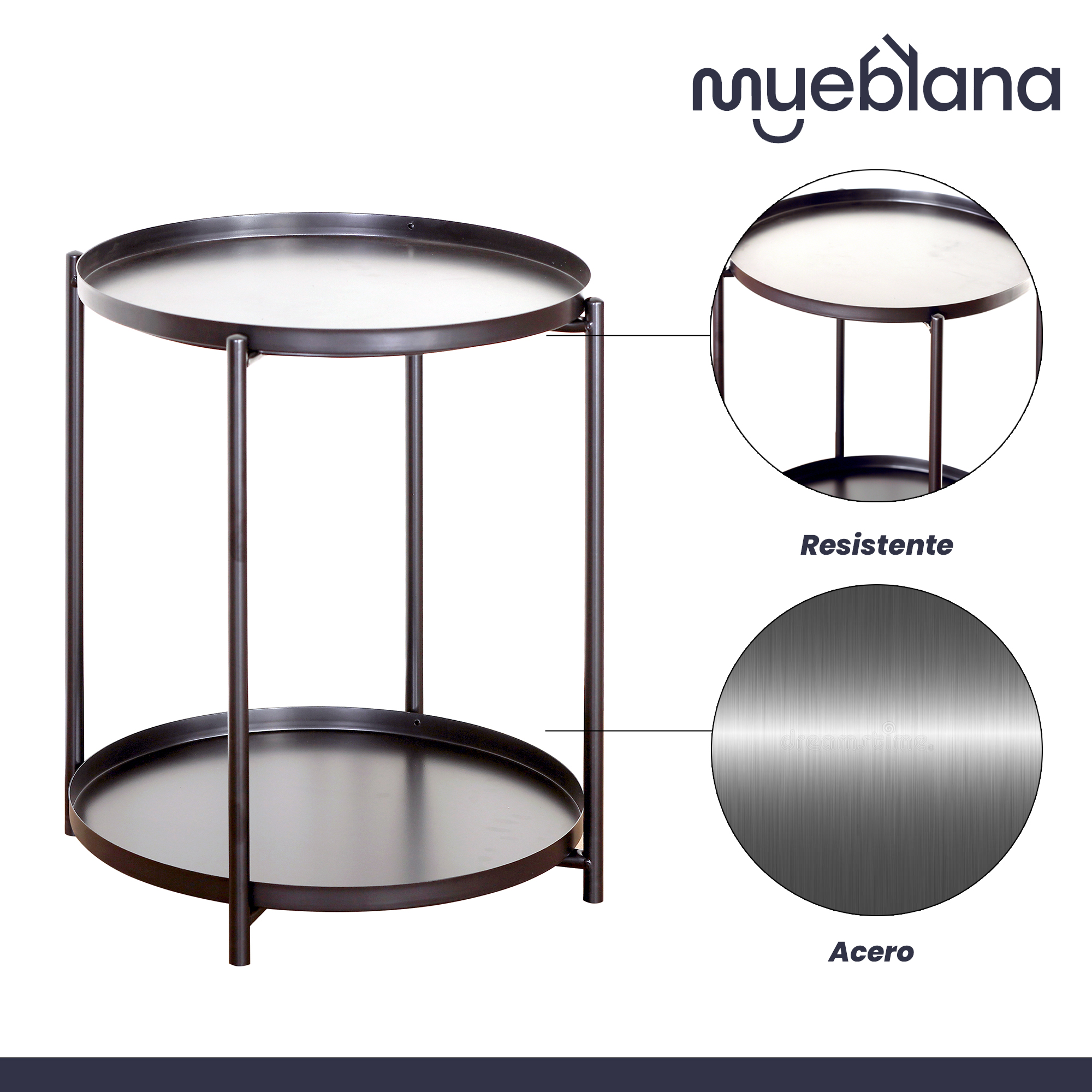 Mueblana Mesa Lateral Dalton Muebles para Recamara de Acero Negro Mesa de Noche Perfecto para el Hogar Mesita de Noche Perfecta para Colocar Lampara de Noche Mesita Auxiliar