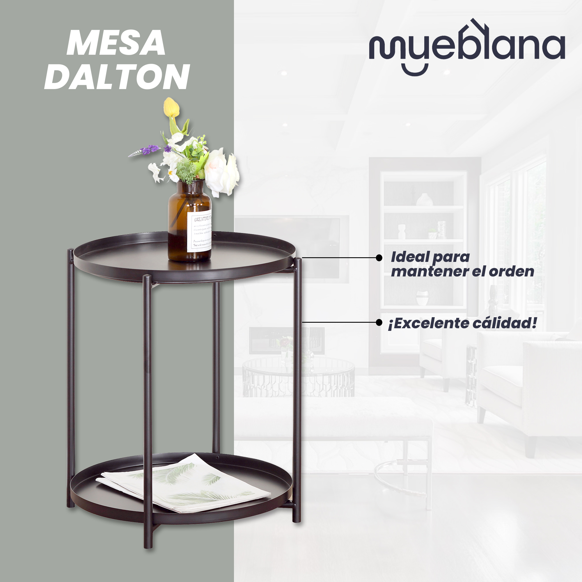 Mueblana Mesa Lateral Dalton Muebles para Recamara de Acero Negro Mesa de Noche Perfecto para el Hogar Mesita de Noche Perfecta para Colocar Lampara de Noche Mesita Auxiliar
