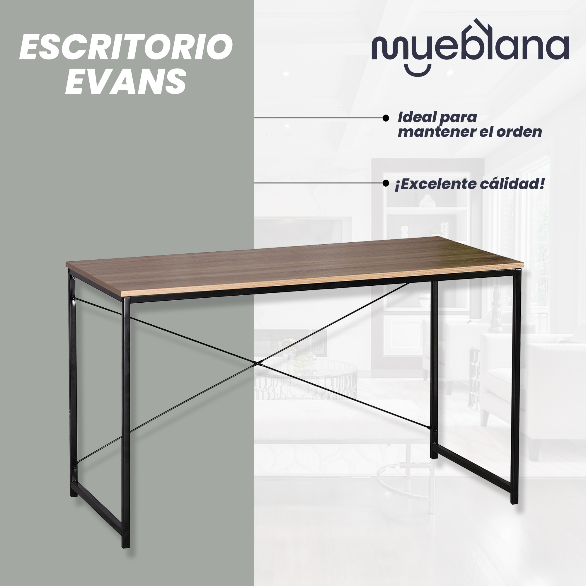 Mueblana Escritorio Evans Escritorio Minimalista y Moderno Escritorios Modernos Juveniles Mesa de Trabajo Perfecta para Home Office y Estudios Hecha de Melamina y Acero