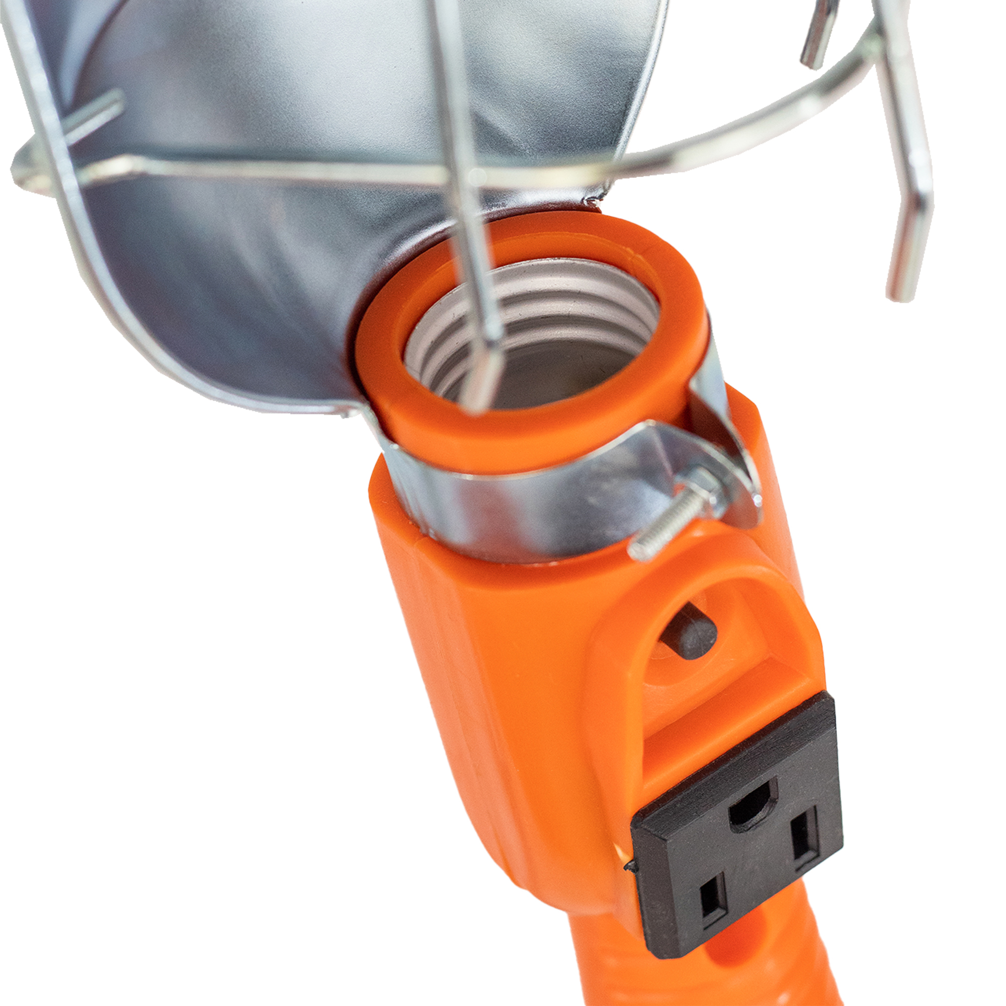 Lámpara de Taller con Canastilla Metálica Color Naranja de 15 Metros. Clavija de 1.31 mm, 127 V, 60 Hz, 13 Amps.