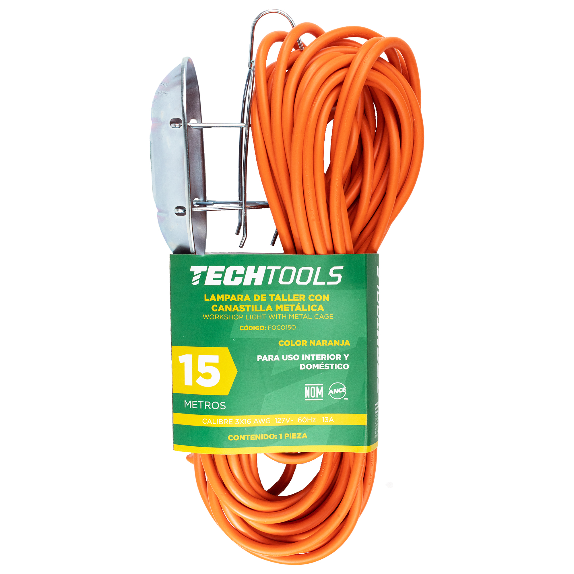 Lámpara de Taller con Canastilla Metálica Color Naranja de 15 Metros. Clavija de 1.31 mm, 127 V, 60 Hz, 13 Amps.