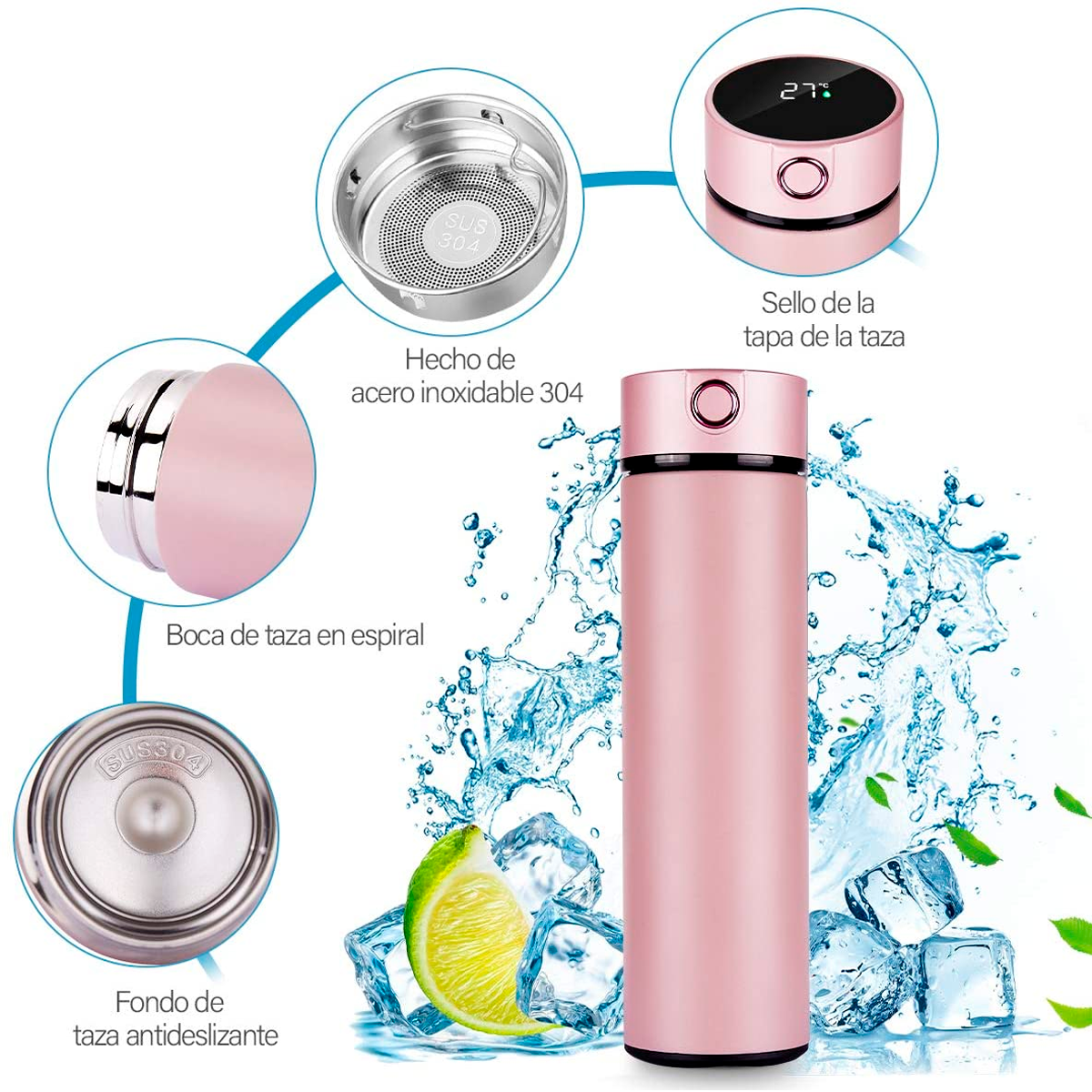 Termo Inteligente Botella , Termo Taza 500 ml/17 oz, Botella de Agua, Vaso Termico, Pantalla LED Táctil con Temperatura, Acero Inoxidable.