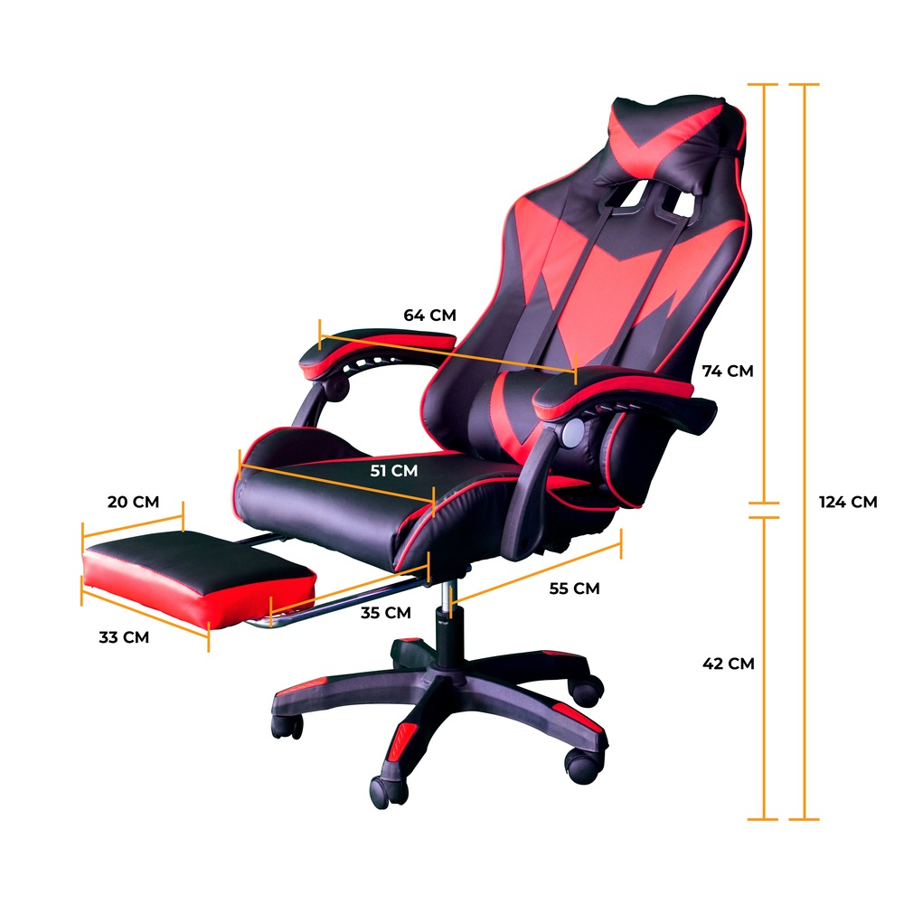Silla Gamer con masajeador lumbar, descansa pies, reclinable y cabecera roja