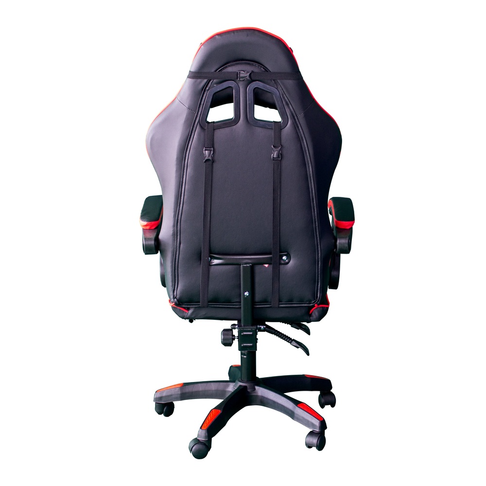 Silla Gamer con masajeador lumbar, descansa pies, reclinable y cabecera roja