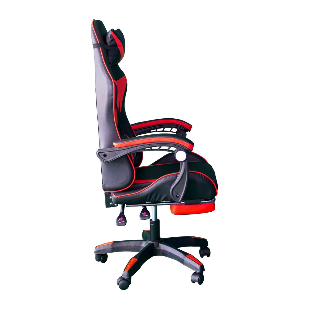 Silla Gamer con masajeador lumbar, descansa pies, reclinable y cabecera roja