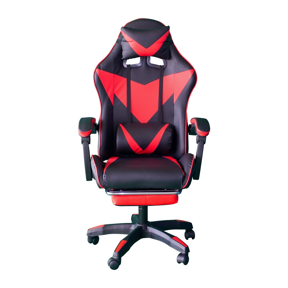 Silla Gamer con masajeador lumbar, descansa pies, reclinable y cabecera roja