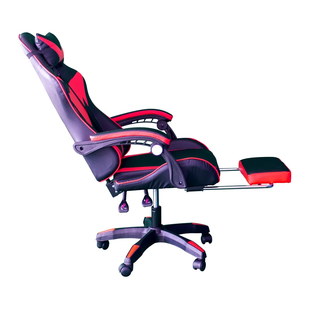 Silla Gamer con masajeador lumbar, descansa pies, reclinable y cabecera roja