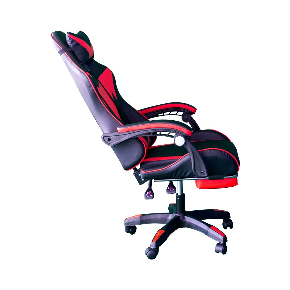 Silla Gamer con masajeador lumbar, descansa pies, reclinable y cabecera roja