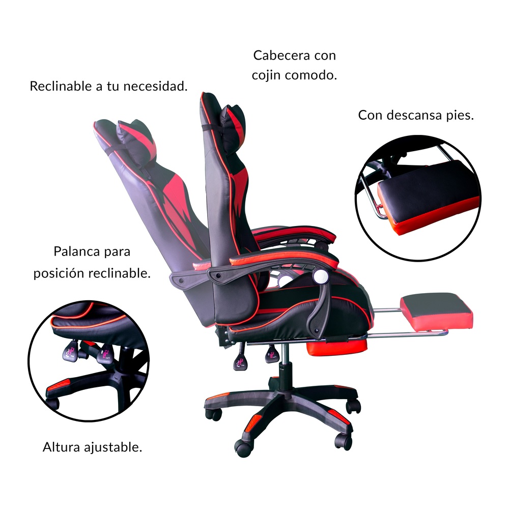 Silla Gamer con masajeador lumbar, descansa pies, reclinable y cabecera roja