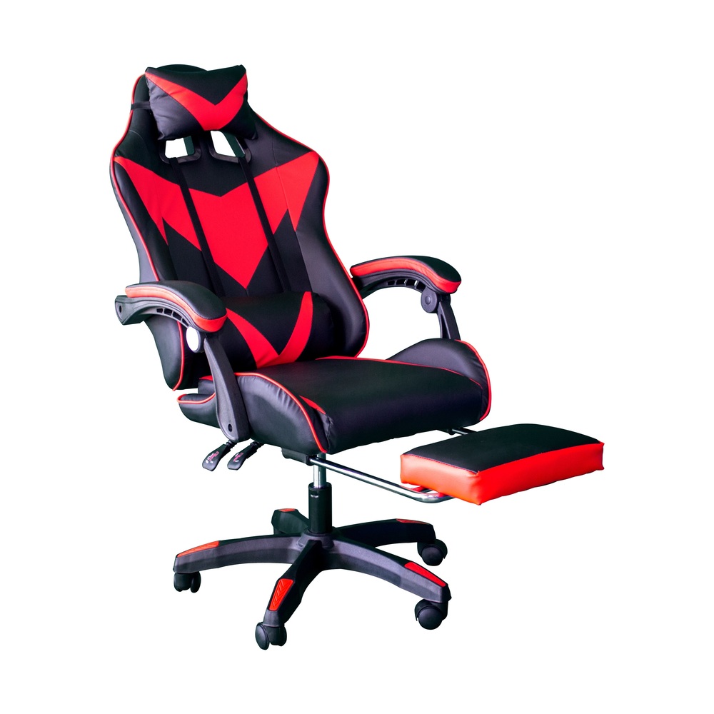 Silla Gamer con masajeador lumbar, descansa pies, reclinable y cabecera roja